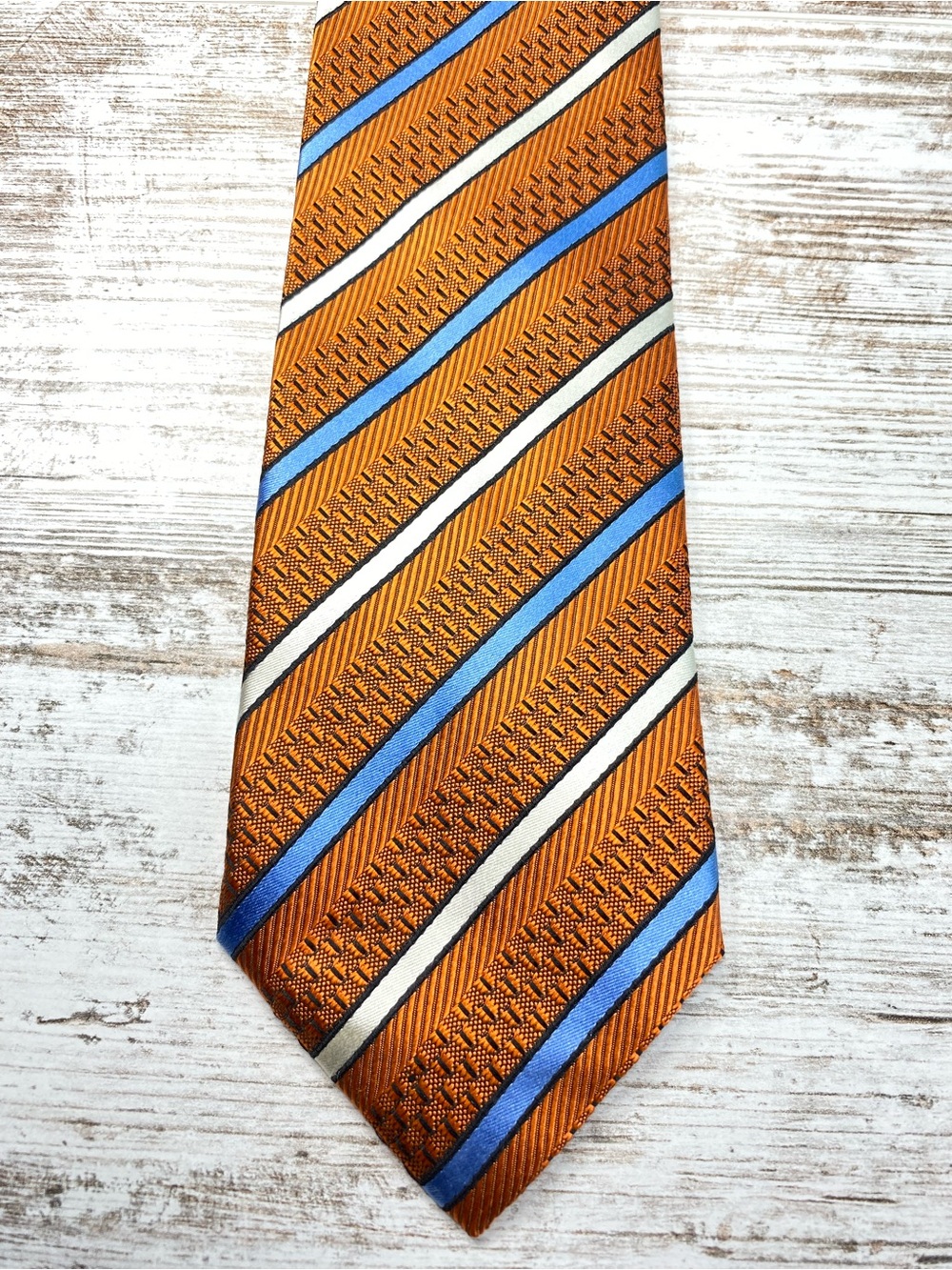 Bocara Vintage 100% Silk Tie Orange Blue Ivory Geometric Striped 60”